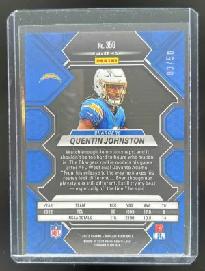 2023 Panini Mosaic Quentin Johnston Purple No Huddle Mosaic Prizm 3/50 #356 RC Chargers back