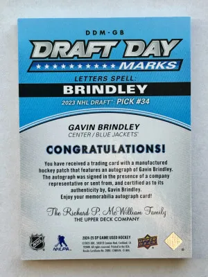 2024-25 SP Game Used Draft Day Marks - Gavin Brindley /35 back