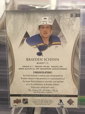 2023-24 Upper Deck Ultimate Collection Auto Brayden Schenn #23 Auto back