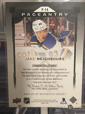 2024-25 JAKE NEIGHBOURS UPPER DECK SP AUTHENTIC PAGENTRY AUTO back