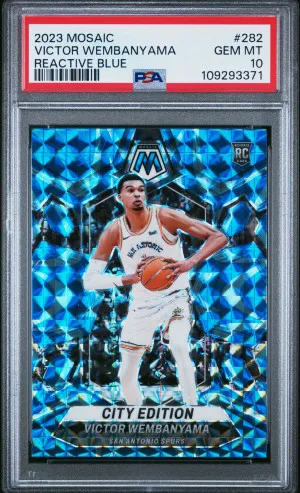 2023 Panini Mosaic Victor Wembanyama #282 (RC) City Edition Reactive Blue PSA 10 front