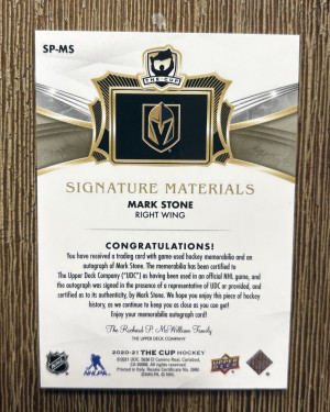 2020-21 UD The Cup Signature Materials 01/25  #SPMS Mark Stone back