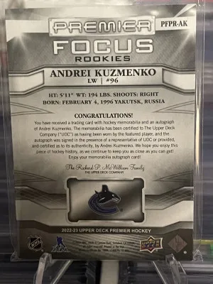 2022-23 Premier Focus Andrei Kuzmenko Rookie Patch Auto /125 #PFPR-AK back
