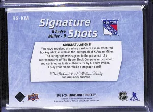 2023-24 Upper Deck Engrained Hockey K'Andre Miller #SS-KM Signature Shots 75/99 back