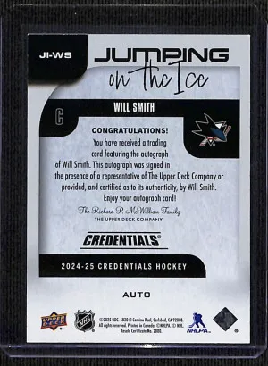 2024-25 Upper Deck Credentials Jumping on the Ice Auto Will Smith #JI-WS RC back