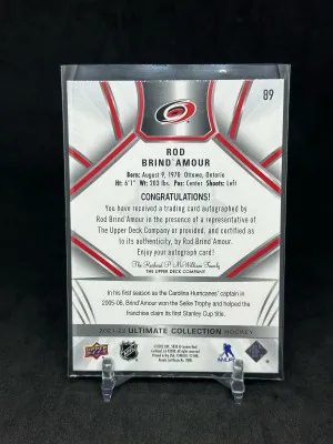 Rod Brind’Amour 2021-22 Upper Deck Ultimate Collection Legends On Card Auto #89 Hurricanes back