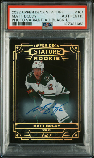 2022 Upper Deck Stature Matt Boldy Photo Variant BLACK 1/1 PSA WHITE JERSEY SSP AUTOGRAPH 1/1 TOP ROOKIE MN WILD One of ONE front