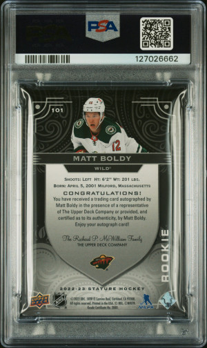 2022 Upper Deck Stature Matt Boldy Photo Variant BLACK 1/1 PSA WHITE JERSEY SSP AUTOGRAPH 1/1 TOP ROOKIE MN WILD One of ONE back