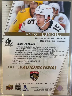 2022-23 UD SP Authentic Anton Lundell Limited Auto Patch /100 back