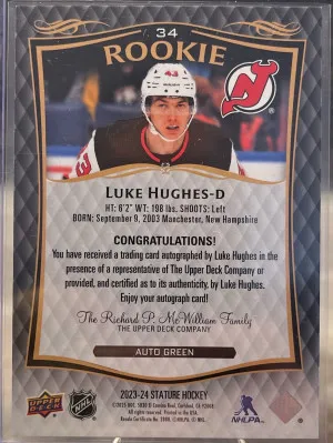 2023-24 UD Stature Luke Hughes Auto Green /199 back