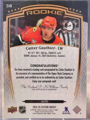2024-25 UD Stature Rookie Auto Cutter Gauthier back