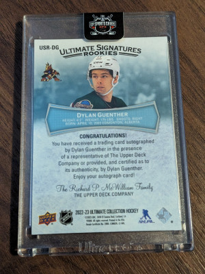 2022 UPPER DECK ULTIMATE COLLECTION DYLAN GUENTHER SIGNATURES ROOKIES RC AUTO back