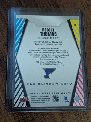 Robert Thomas #82 2022-23 Upper Deck Allure St. Louis Blues - Red Rainbow Auto back