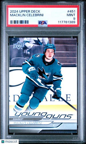 2024 Upper Deck Macklin Celebrini Young Guns RC #451 PSA 9 front