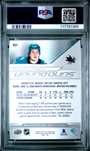 2024 Upper Deck Macklin Celebrini Young Guns RC #451 PSA 9 back