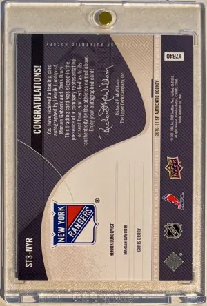 2010-11 SP Authentic Sign Of The Times Triples /25 Henrik Lundqvist,  Marian Gaborik, Chris Drury back