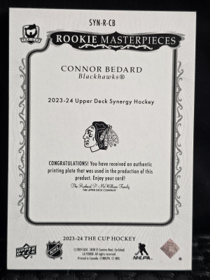 2023-24 The Cup Connor Bedard 1/1 Magenta Printing Plate - Rookie Masterpiece Printing Plates – Synergy Rookies back