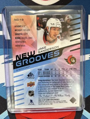 2022-23 SP Game Used New Grooves Rookie Auto Jake Sanderson back