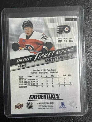 Matvei Michkov 2024-25 Upper Deck Credentials Orange #115 /199 Rookie Card back