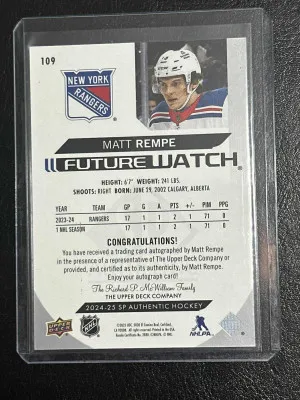 Matt Rempe 2024-25 SP Authentic Horizontal Future Watch Autographs #109 /599 RC back
