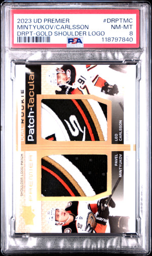 2023 Upper Deck Premier Dual Rookie /5 Patch-Taculars Mintyukov/Carlsson Drpt-Gold Shoulder Logo /5 front
