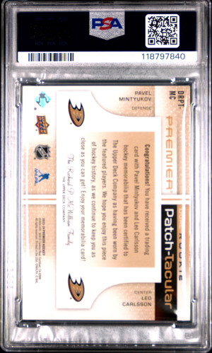 2023 Upper Deck Premier Dual Rookie /5 Patch-Taculars Mintyukov/Carlsson Drpt-Gold Shoulder Logo /5 back