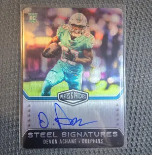 2023 Plates And Patches Steel Signatures Devon Achane Auto front