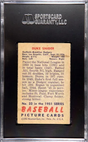 Duke Snider 1951 Bowman #32 Graded SGC3 VG Brooklyn Dodgers back