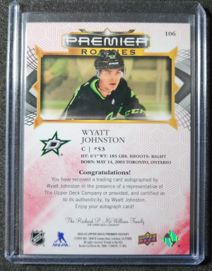 Wyatt Johnston Premier Rookie Auto back