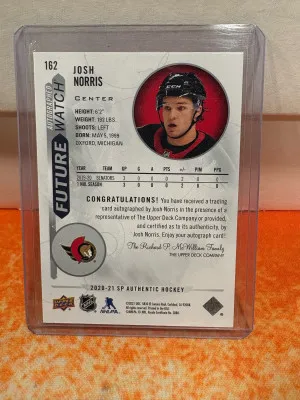 2020-21 Upper Deck SP Authentic Josh Norris Future Watch Auto back
