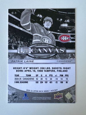 2025-26 Upper Deck Series 1 UD Canvas Patrik Laine Black & White back