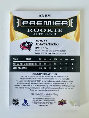 2022-23 Upper Deck Premier Rookie Auto Patch Kirill Marchenko 233/249 back