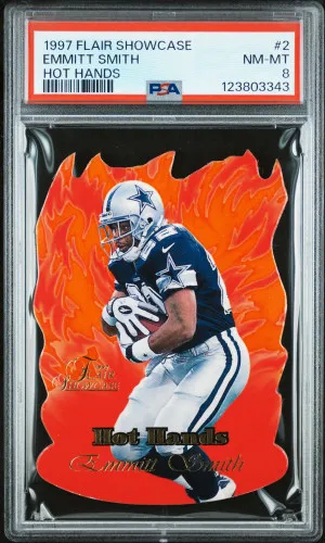 1997 Flair Showcase EMMITT SMITH Rare HOT HANDS DIE-CUT INSERT #2 - GRADED PSA 8 Dallas Cowboys front