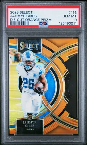 2023 Panini Select Jahmyr Gibbs Die-Cut Orange Prizm /399 PSA 10 front