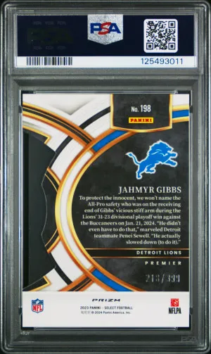 2023 Panini Select Jahmyr Gibbs Die-Cut Orange Prizm /399 PSA 10 back