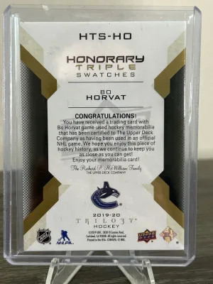 2019-20 UD Trilogy Bo Horvat Honorary Triple Swatches /35 back