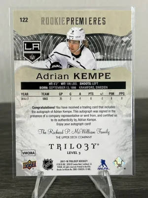2017-18 UD Trilogy Adrian Kempe Rookie Premieres Level 3 Auto /49 back