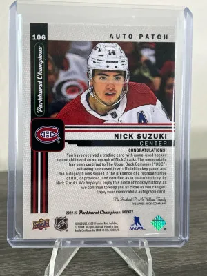 2022-23 UD Parkhurst Champions Nick Suzuki Auto Patch /25 back