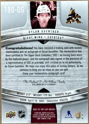 2022-23 The Cup Dylan Guenther Rookie Patch Auto Crosby Tribute /10 back