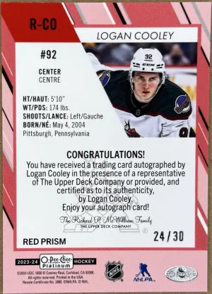 2023-24 O-Pee-Chee Platinum Logan Cooley Red Prism Rookie Auto /30 back