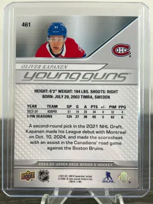 2024-25 UD Oliver Kapanen Young Guns Rookie back