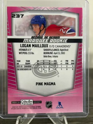 2024-25 OPC Plat Logan Mailloux Pink Magma Rookie back