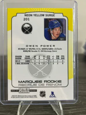2022-23 OPC Plat Owen Power Yellow Neon Surge Rookie back