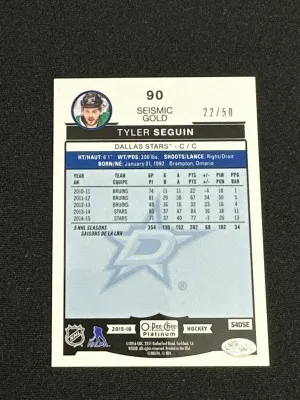 2015-16 O-Pee-Chee Platinum Seismic Gold #90 Tyler Seguin /50 back