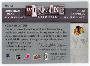 2009-10 SPx #WC-CT Brian Campbell Jonathan Toews Winning Combos Dual Jersey back