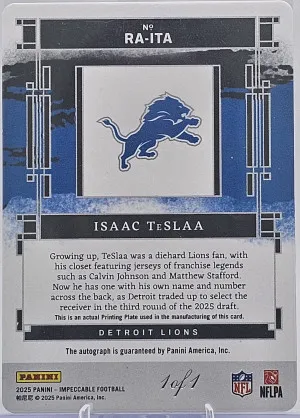 2025 IMPECCABLE ISSAC TeSLAA ROOKIE PRINTING PLATE BLACK 1 OF 1 back