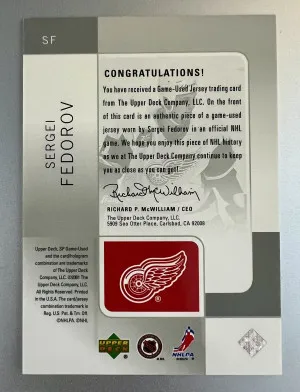 2001 Upper Deck SP Game Used Edition Sergei Fedorov Patch Game-Used Jersey back