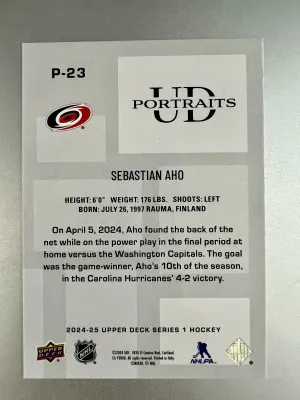 2024 Upper Deck Series 1 Sebastian Aho Black Insert back