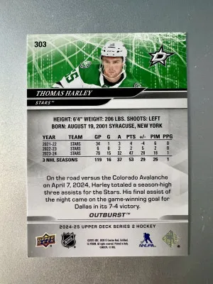 2025 2024-25 Upper Deck Outburst Thomas Harley #303 back