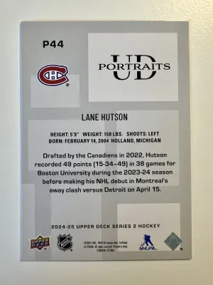 2025 2024-25 Upper Deck UD Portraits Lane Hutson (Blue Foil) Rookie back
